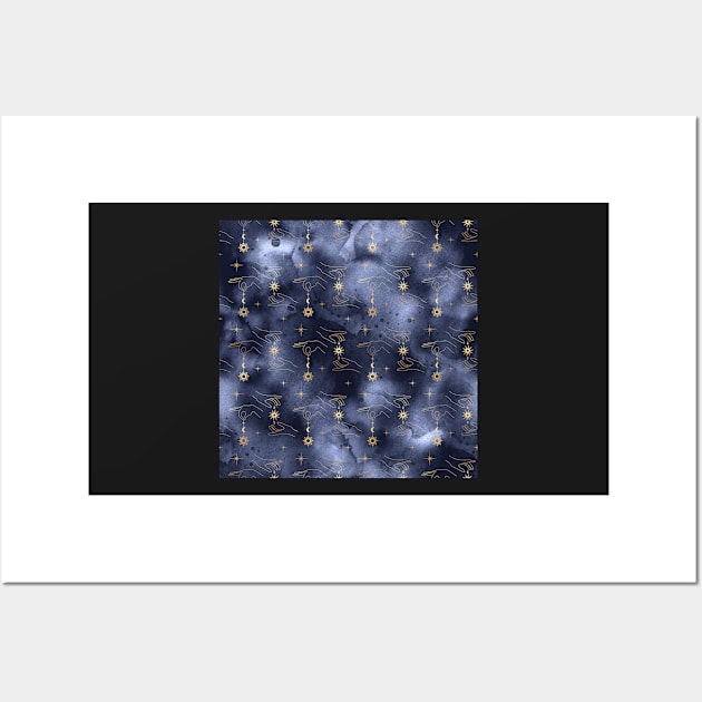 Golden Sun Moon Star on String Hand Navy Blue Wall Art by marknprints